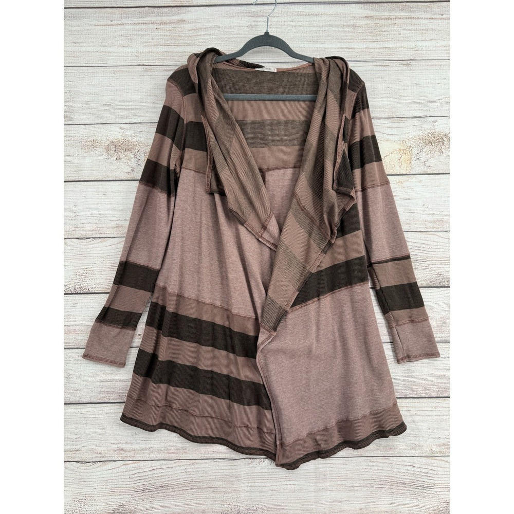 Allen Allen‎ Cardigan Women Small Brown Striped Waffle Knit Hooded Open Front